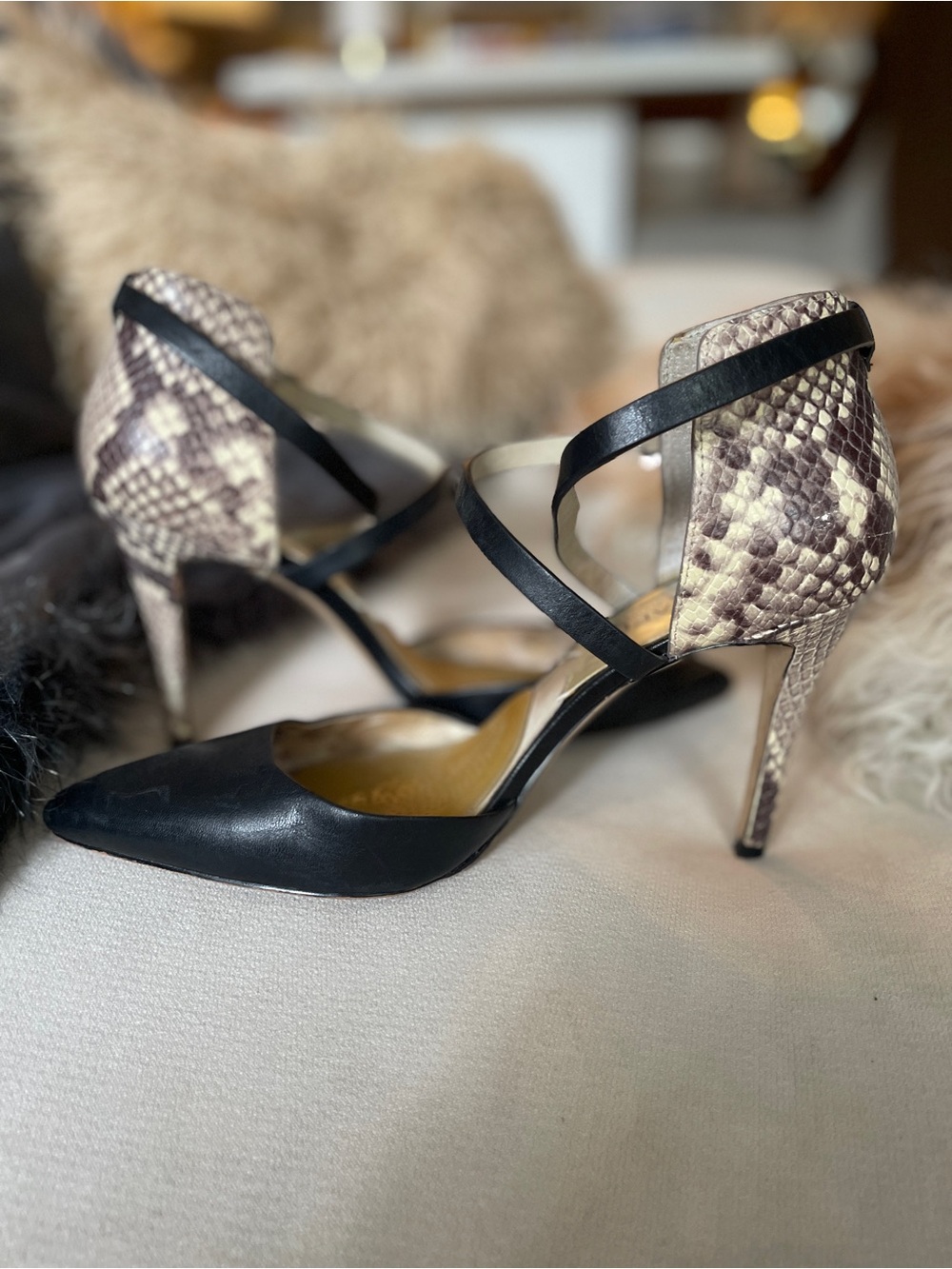 Michael Kors Black Pointed Toe Pumps with Snake-Print Heel and Ankle Straps